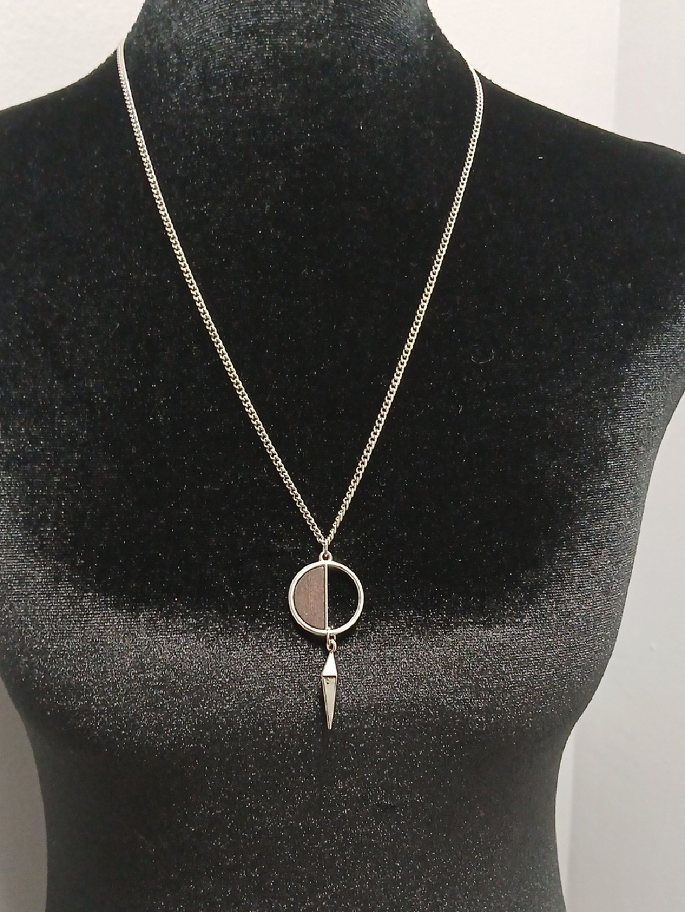 Silver Tone Geometric Pendant Necklace - Half Wooden Circle and Spike- Long